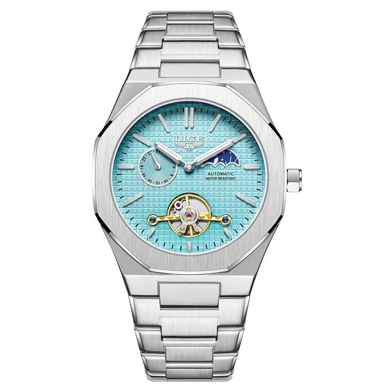 LIGE New Automatic Watches For Men Outdoor Sports Waterproof 24 Hours Moon Phase Watch Men Luxury Men's Mechanical Wristwatch