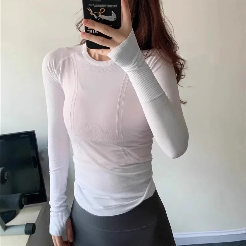 Yoga Wear Women's Top Round Neck Sports Running Fitness Clothes Pilates Breathable Stretch Slim-fit Long Sleeve T-shirt