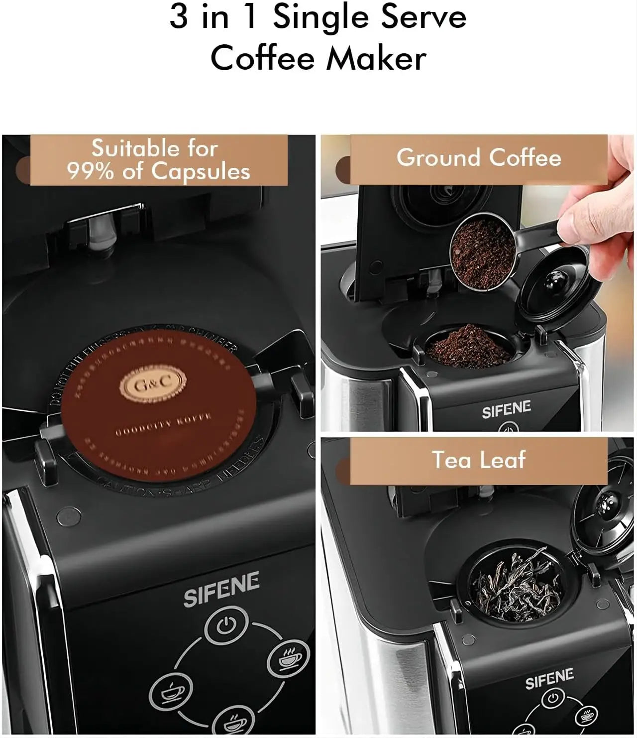 SIFENE Single Serve Coffee Maker, 3-in-1 Quick Brew for Coffee Pods, Ground Coffee, & Loose Tea, 1150W, Compact, Black