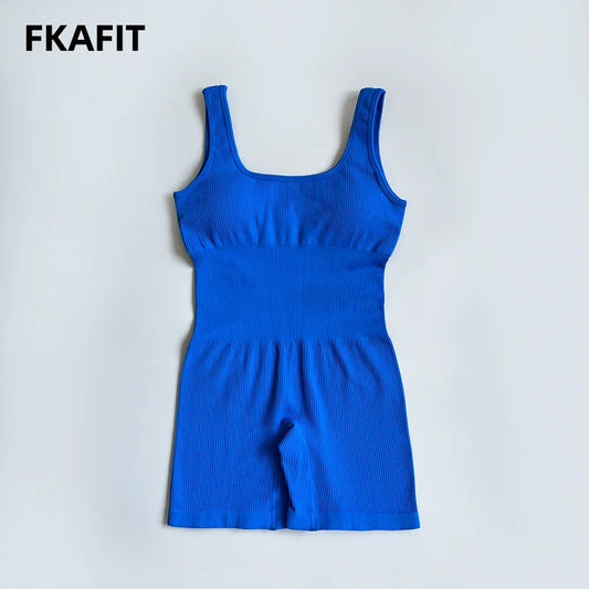 Seamless Women Yoga Suits Workout Ribbed Square Neck Sleeveless One-piece Yoga sets Fitness With Shorts Bodysuit Sportswear