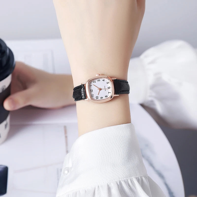 Women's Watch Fashion Square Small Arabic Quartz Watches Leather Band Wristwatches