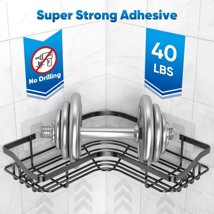 Black Corner Adhesive Shower Caddy Rustproof Stainless Steel Corner Shower Shelves for Bathroom Kitchen No Drilling Wall Mounte