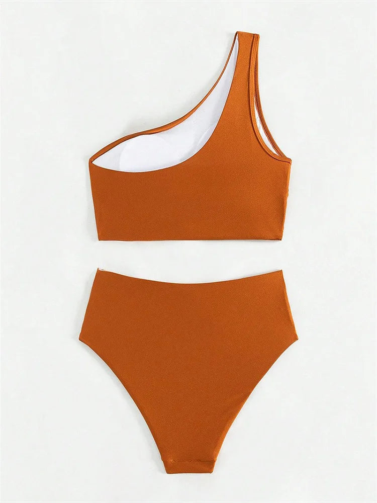 Sexy Fashion One Shoulder Bikinis 2 Piece Set Women Split Swimsuit High Waist Beach Bikinis 2025 New Summer Swimwear Bikinis Set