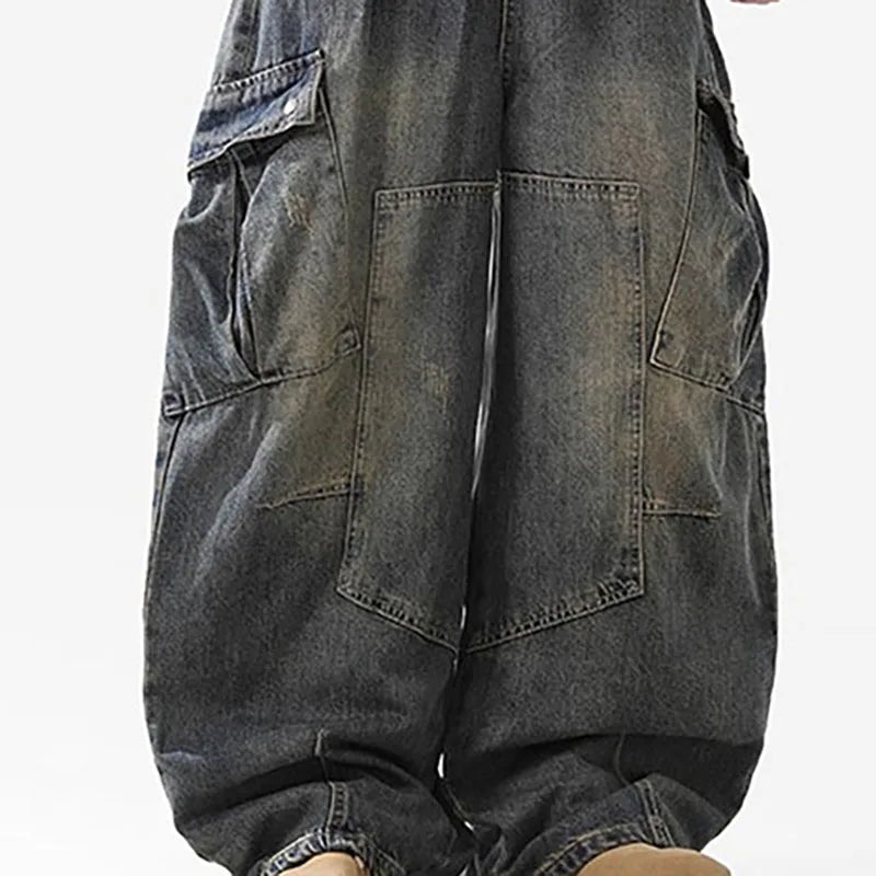 Retro Multi Pocket Curved Knife Jeans Autumn And Winter Vintage Wide Leg Workwear Pants Korean Version High Street Men'S Jeans