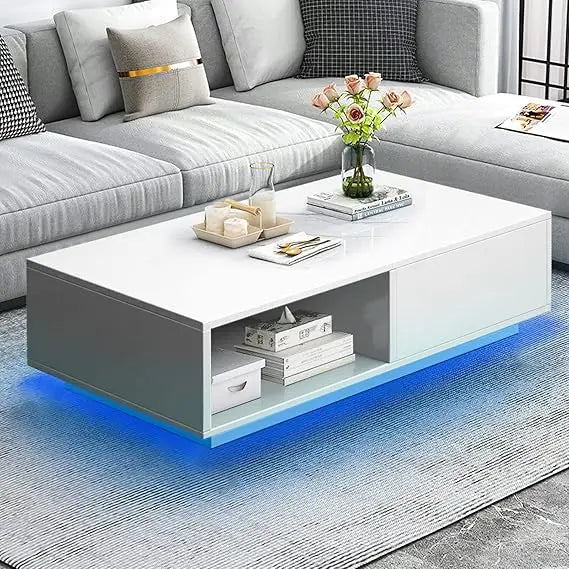 Modern White LED Coffee Tables for Living Room with Drawer & 16-Color LED Lights, Rectangle Living Room Sofa Table with Ample S