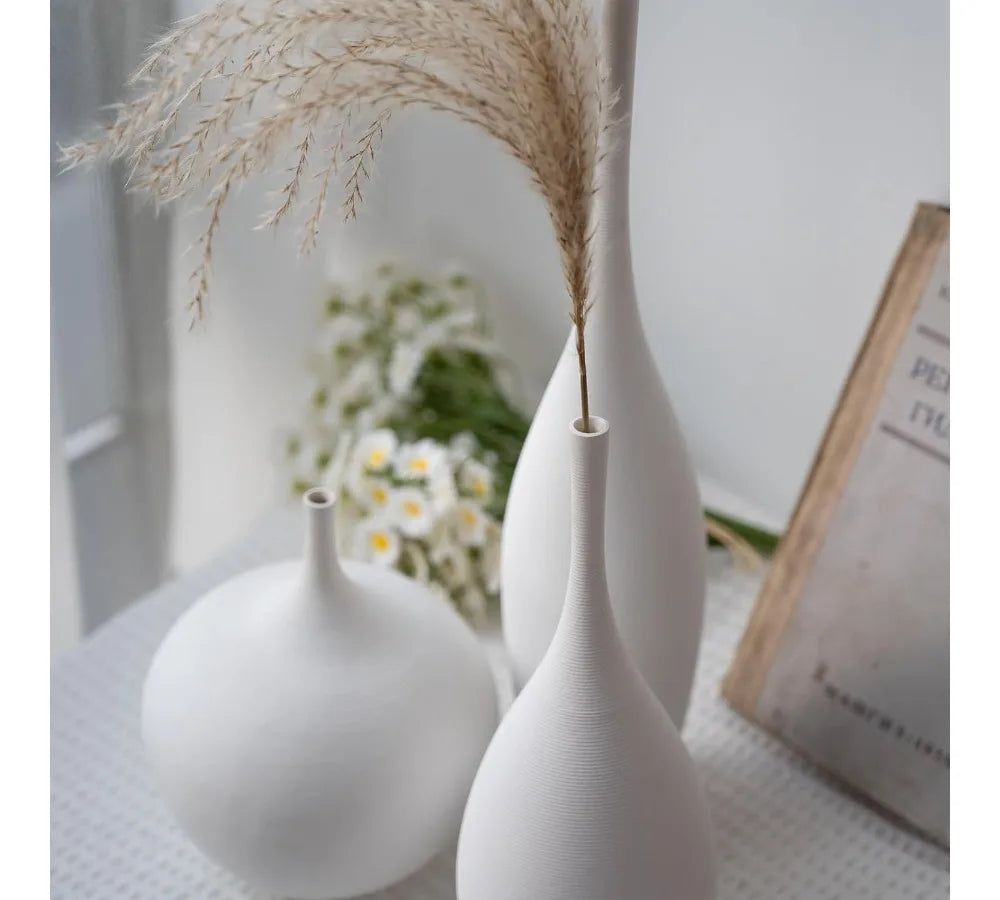 White Ceramic Vase Set of 3 Modern Boho Minimalist Home Decor Flower Vases for Living Room Table
