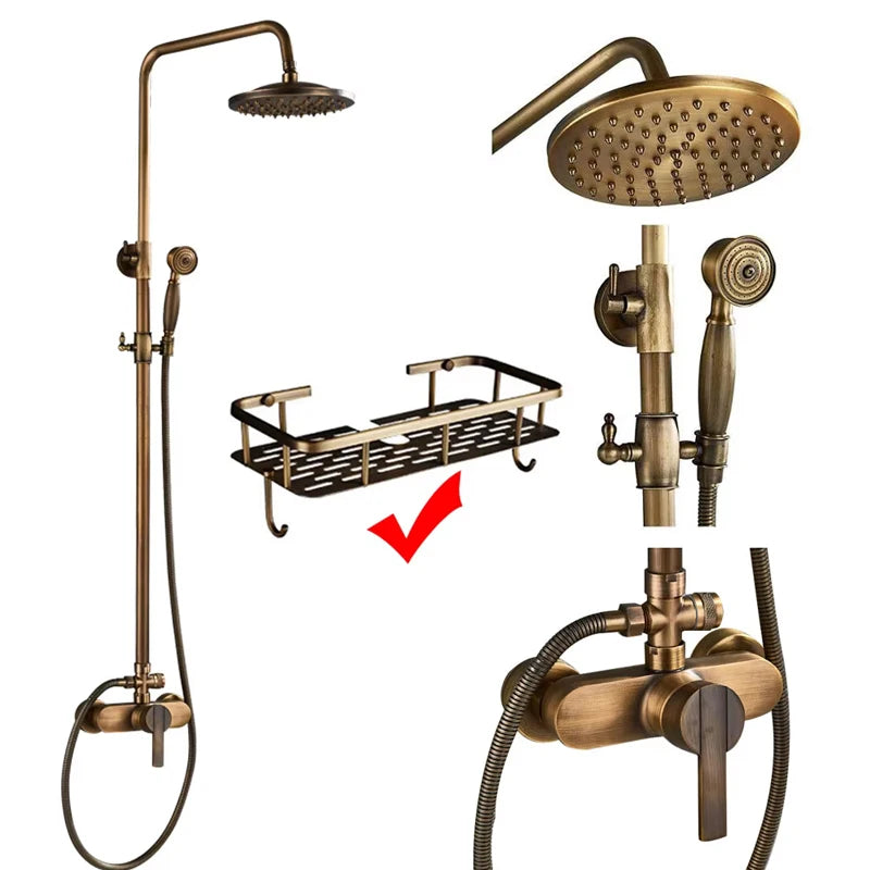 Antique Brass Bathroom Shower Faucet Sets Rainfall Head Wall Mounted Mixer Tap Hot and Cold Taps