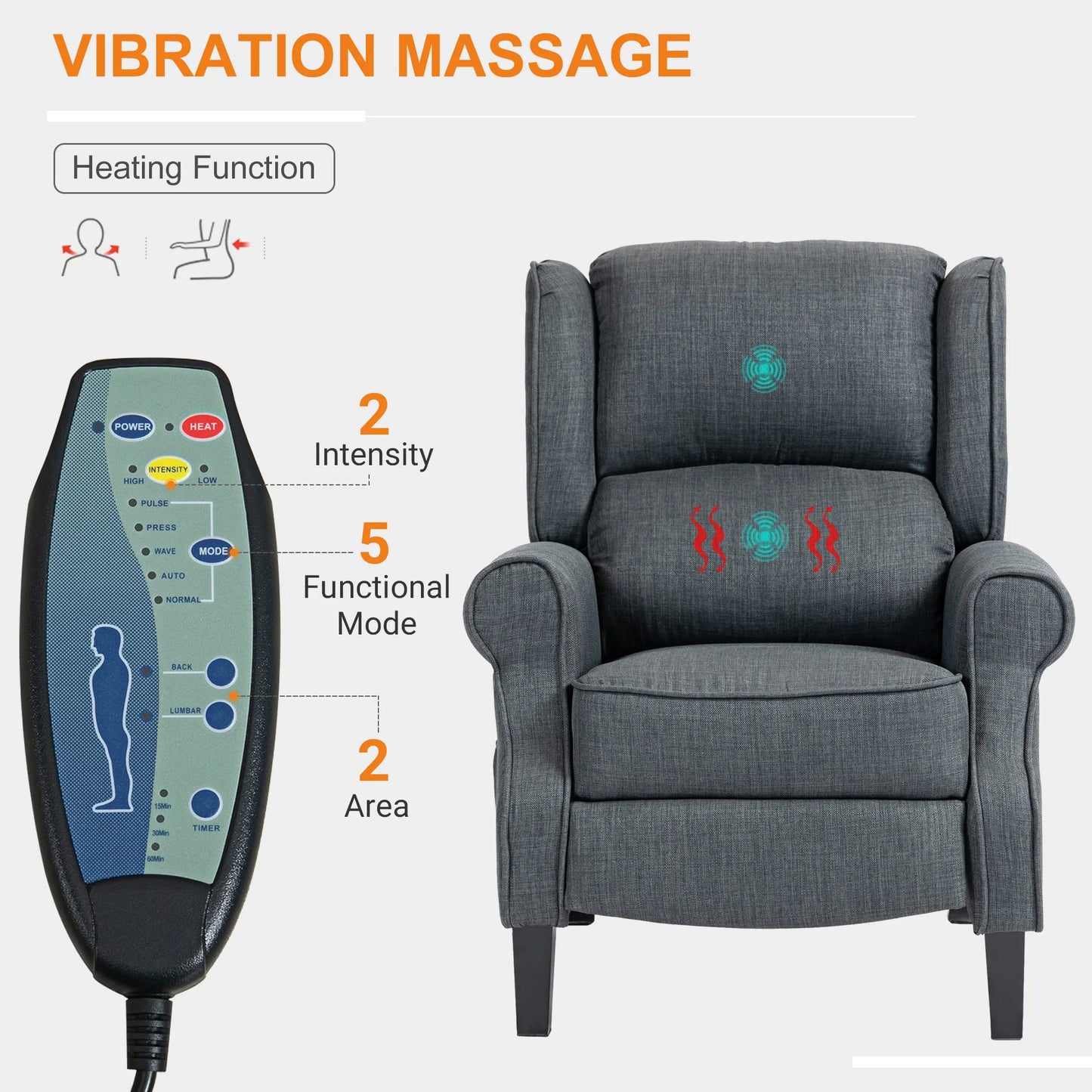 Relaxing Fabric Heated Massage Chair Vibrating Recliner Sofa With Remote Control