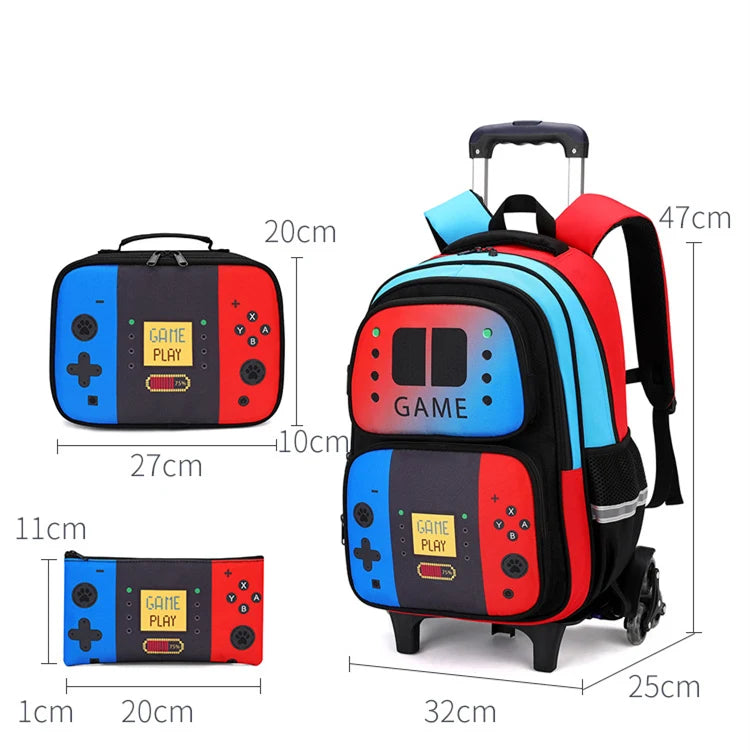School Bag Kids Rolling Backpack for Boy Wheeled Backpack School Bag With Wheels Trolley Bookbag Carry on Luggage with Lunch Bag
