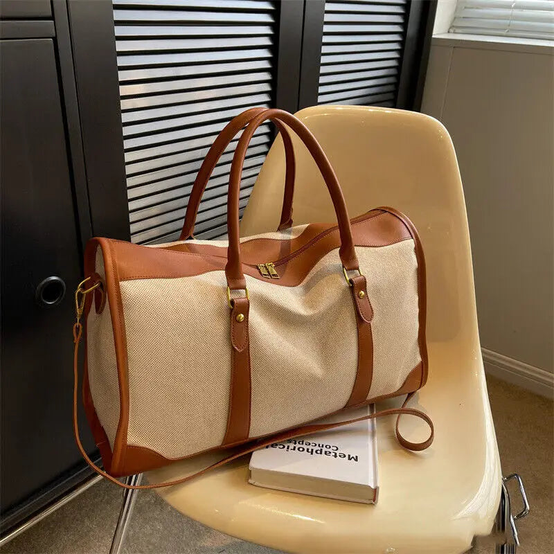 Women Travel Storage Handbag Vintage Fitness Luggage Bag Single Shoulder Crossbody Bag Large Capacity Nylon PU Leather Bag