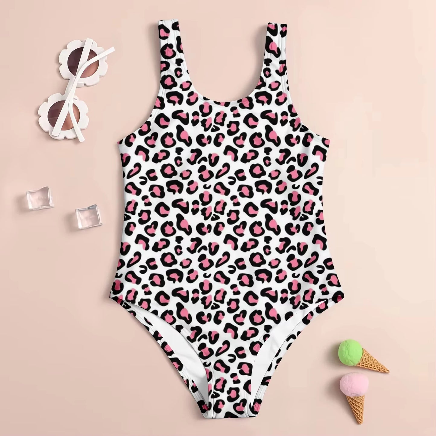 2025 Girls Summer One-Piece Swimwear Fashion Baby Cartoon Cute Leopard Print 3D Printed Women Swimwear Sling Sleeveless Swimwear