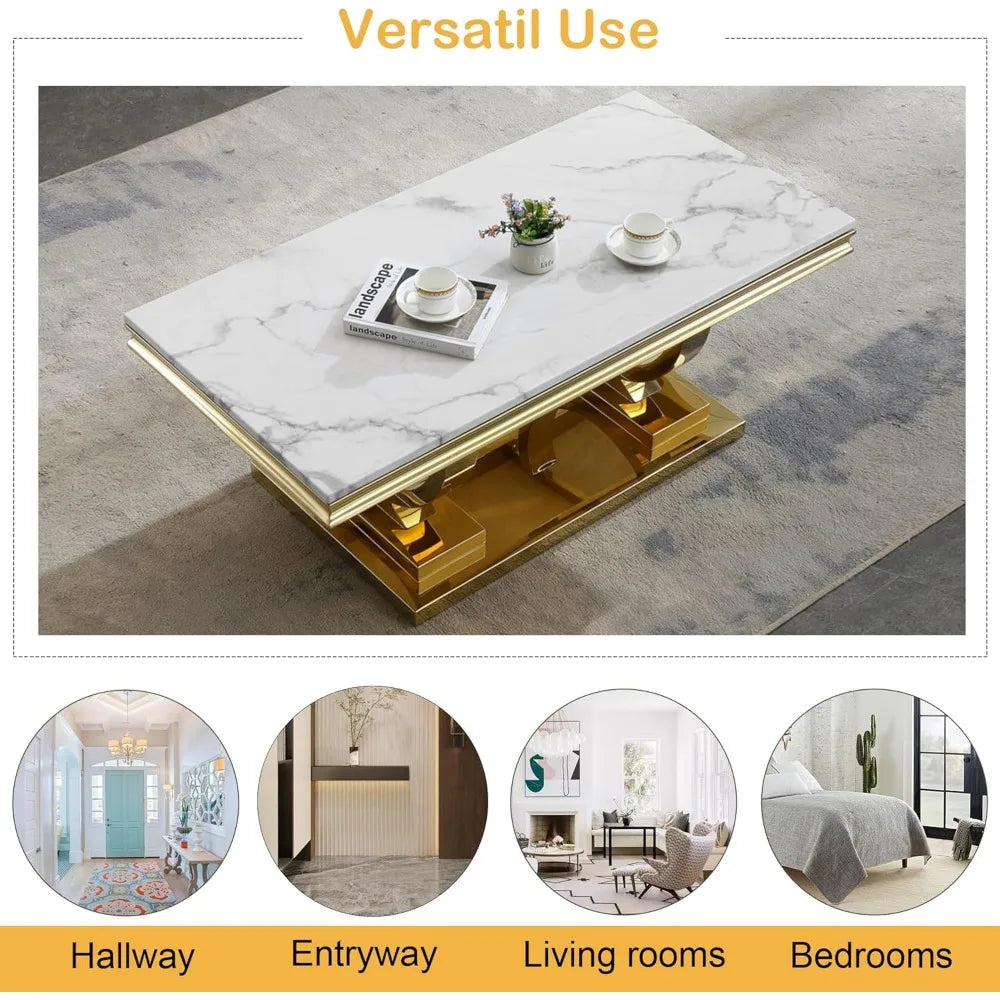 Luxury Marble Coffee Table with Gold Stainless Steel Pedestal Modern 47" Rectangle Coffee Table Elegant White Marble Center Tab