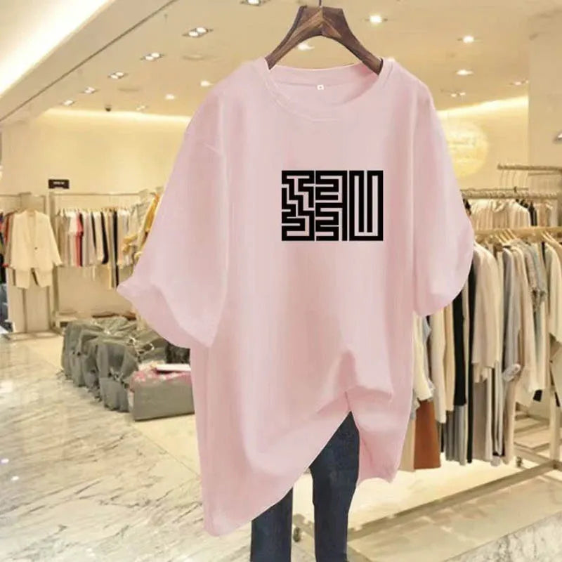 Women's Clothing Fashion All-match Pure Cotton Basic T-shirts Summer Casual Loose Geometric Print Top Tee Office Lady Pullovers