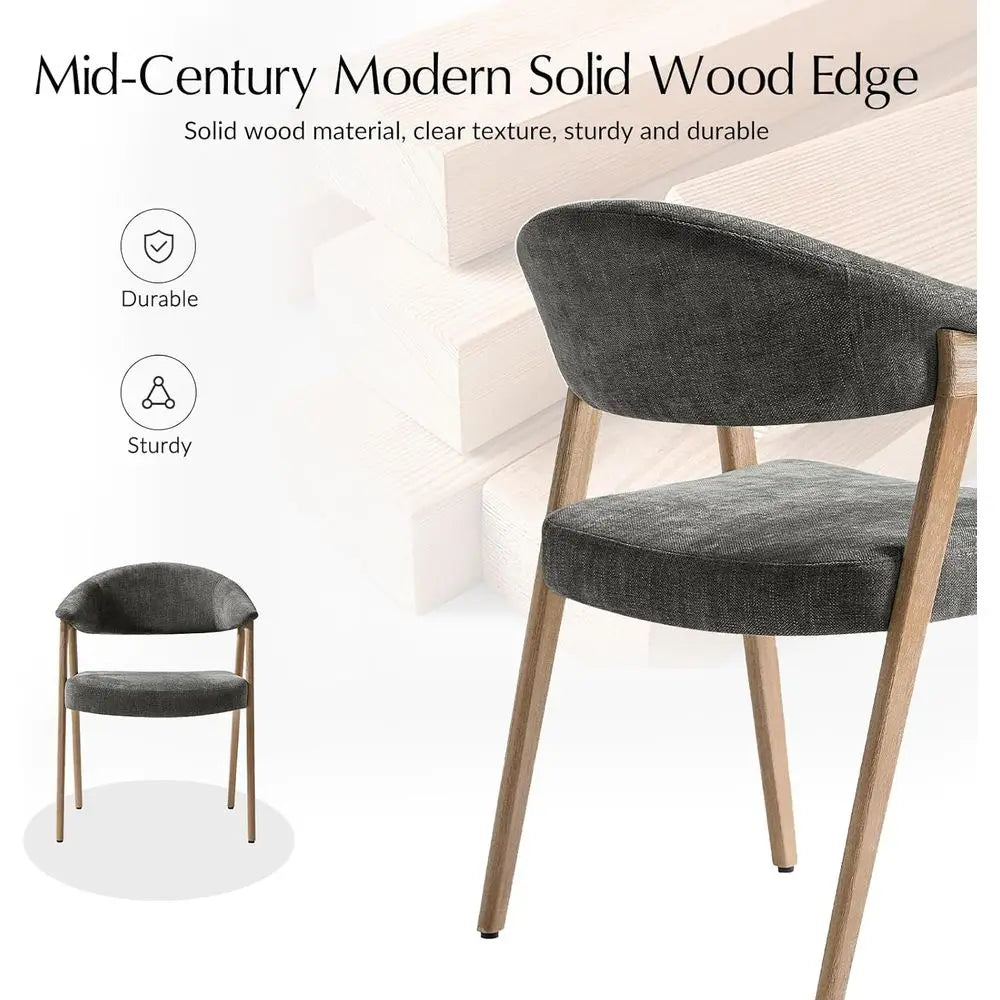 Mid-Century Modern Upholstered Dining Chairs Set of 2, Gray, with Armrests, Curved Backrest & Solid Wood Legs, Suitable for Kitc