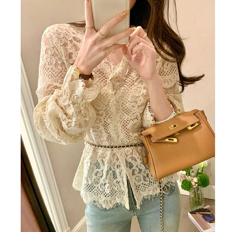 Women's Clothing 2024 Spring Autumn Sexy Hollow Out Lace Chic Vintage T-shirts Female Casual Solid V Neck Slim Long Sleeve Tops