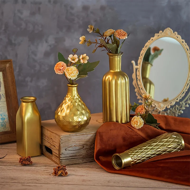 Cylindrical Gold Glass Vase, Gilded Finish Antique Art Style, Home Decoration, Table Centerpiece, Halloween Christmas Decoration