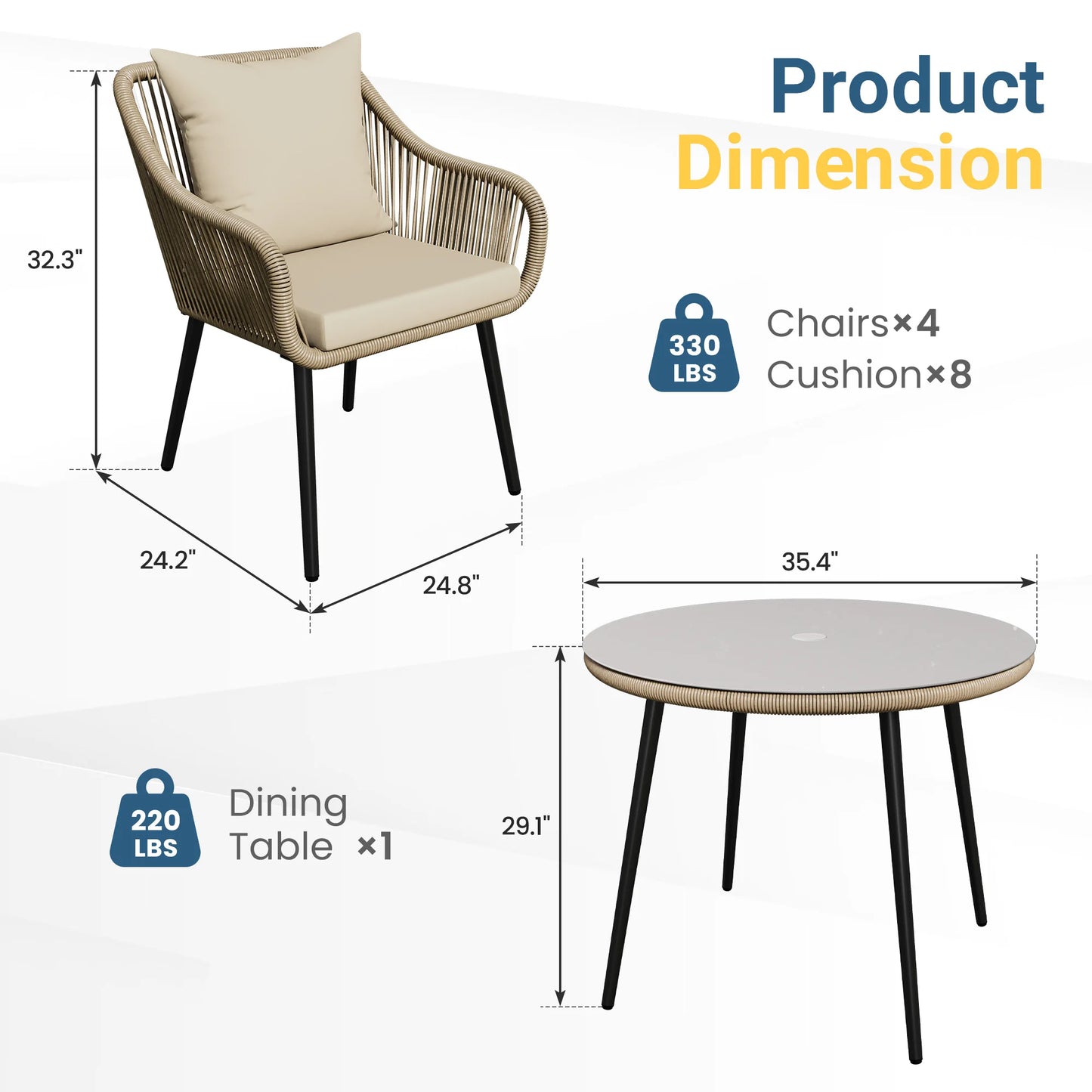 Wisteria Lane 5-Piece Patio Dining Table Set Outdoor Dining Table Chair Set with Umbrella Hole Ideal for Backyard Balcony Deck