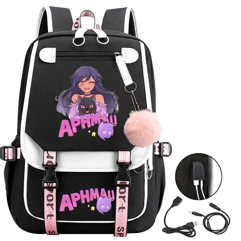 Aphmau print backpacks fashion USB charging school bags for teenage girls laptop bag cartoon bookbag students rucksack