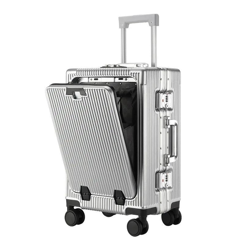 New Travel Luggage Multifunctional Aluminum Frame Trolley Suitcase with USB Cup Holder Large Capacity Bag Boarding Box Suitcase