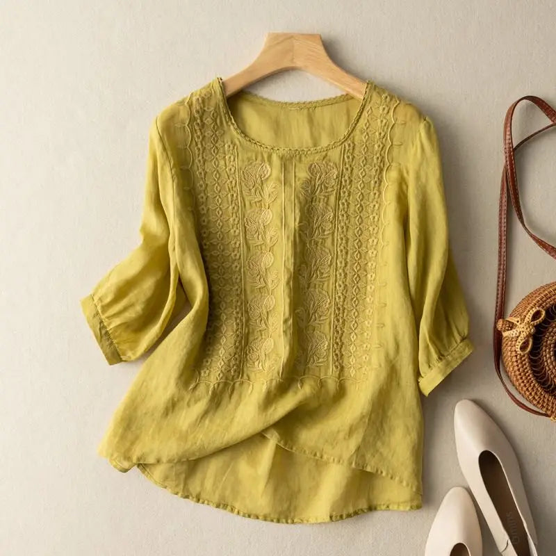 Women's Clothing Vintage Lace Embroidery Cotton Linen Shirt Summer Simple Casual O Neck Half Sleeve Blouses Irregular Loose Tops