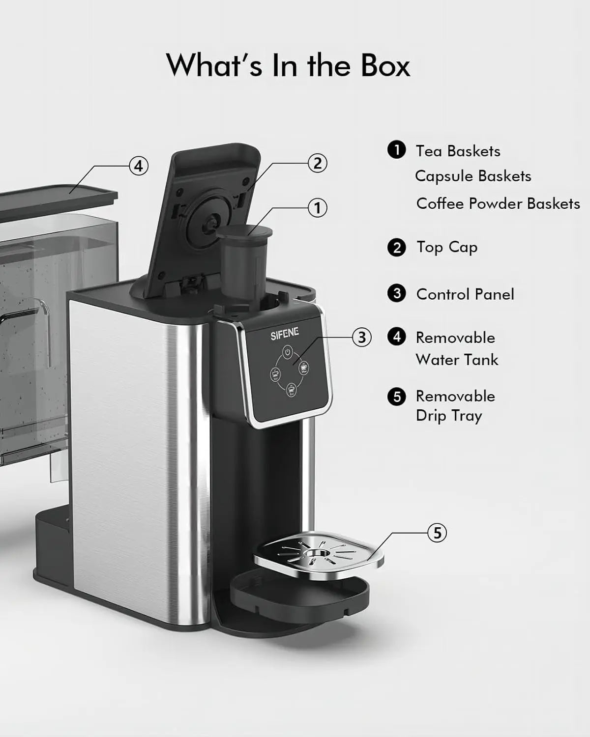 SIFENE Single Serve Coffee Maker, 3-in-1 Quick Brew for Coffee Pods, Ground Coffee, & Loose Tea, 1150W, Compact, Black