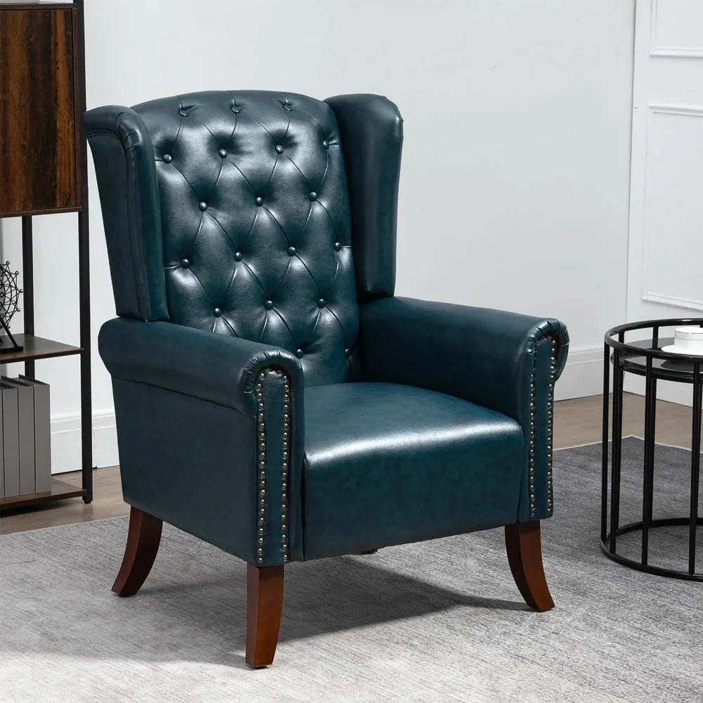 Modern PU Leather Accent Chair, Living Room Lounge Sofa Chair with Buttons, Single Club Armchair with Rivet Trim for Bedroom Ho