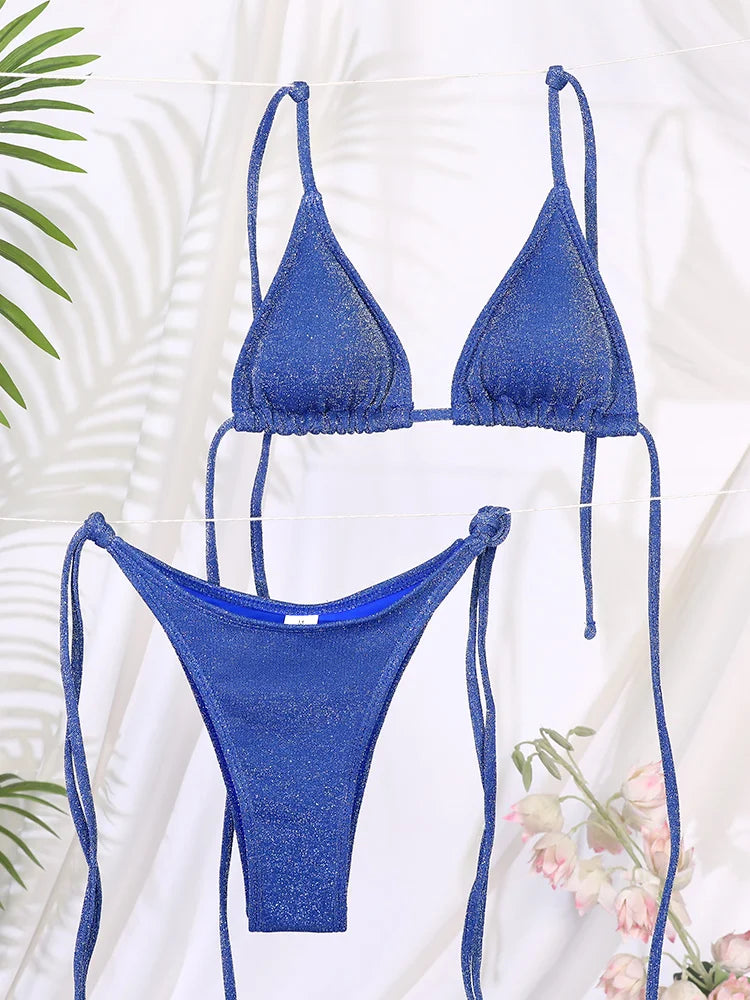 ZRTAK Shiny Swimsuit Sexy Swimwear Women Triangle Bikinis Solid Bathing Suit Thongs Bikinis Sets String Beachwear