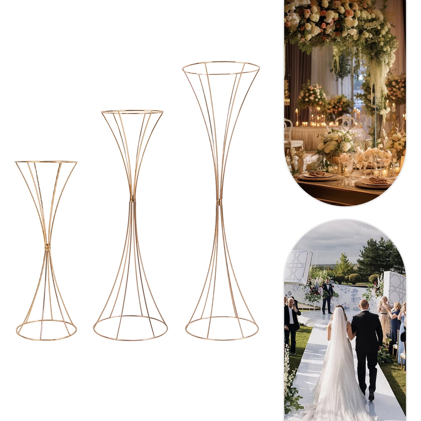 3Pcs Gold Metal Flower Stands for Weddings-19.7" to 31.1" Tall edding Centerpieces for Tables,Hourglass Centerpiece Trumpet Vase