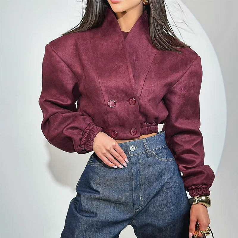 European and American women's clothing 2025 spring new fashion burgundy thin V-neck double-breasted long-sleeved short jacket