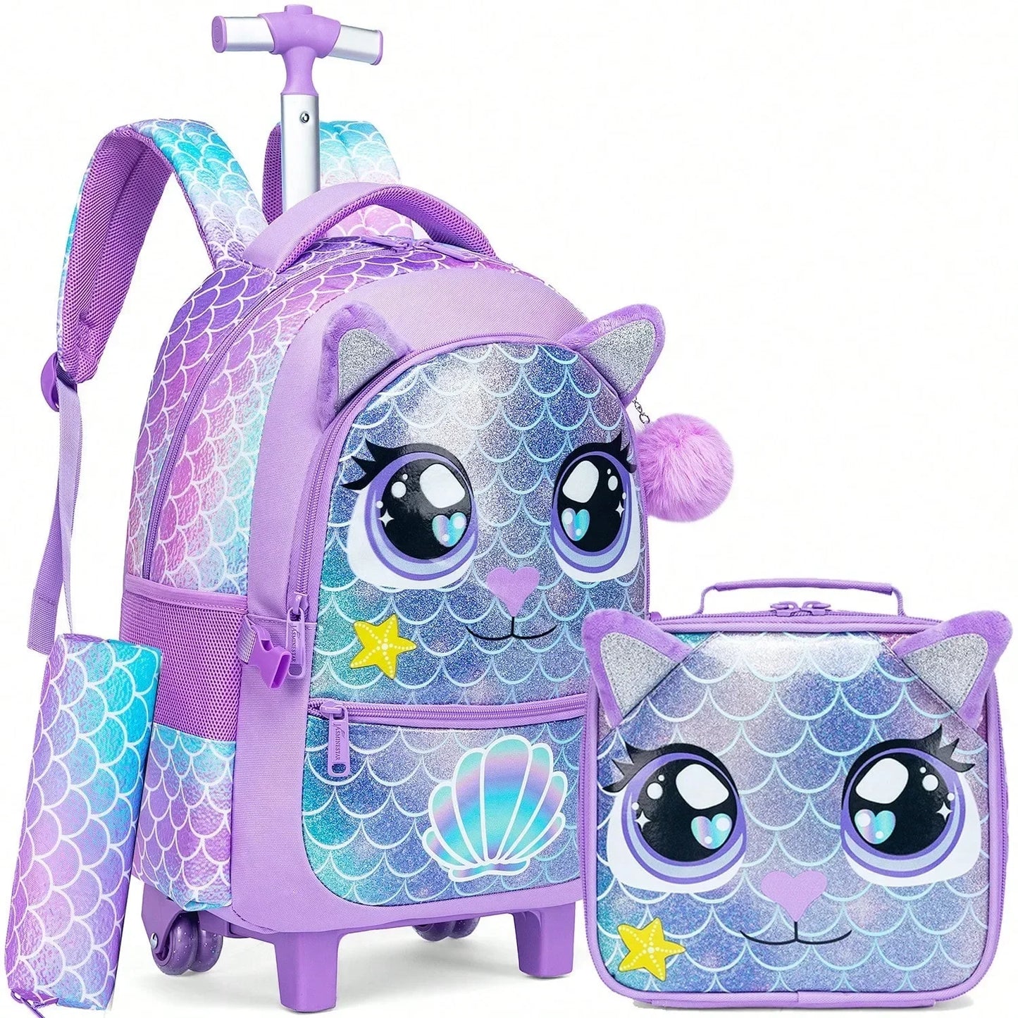 Kids Rolling Backpack with Wheels Durable School Travel Luggage for Girl Lightweight Carry-On Trolley Bag with Adjustable Handle