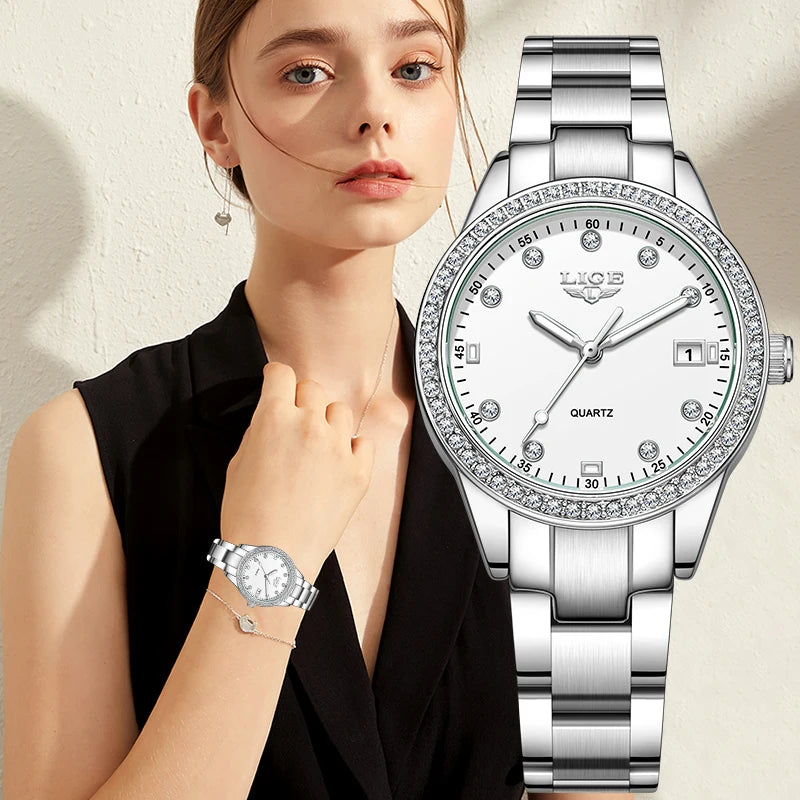 LIGE Fashion Luxury Quartz Watches for Woman Classic Elegant Casual Auto Date Ladies Gifts Diamond Waterproof Women Wristwatches