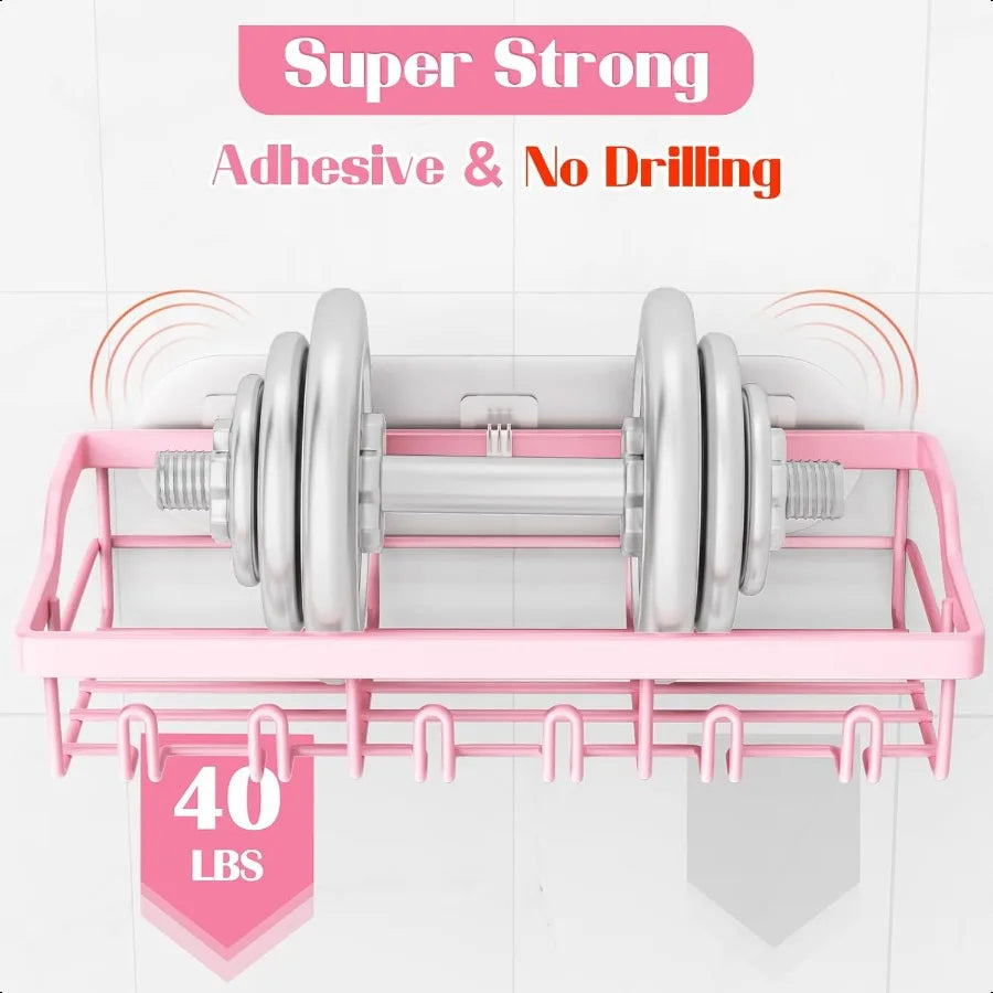 2 Pack Adhesive Shower Caddy Rustproof Stainless Steel Shower Racks for Bathroom Organizers and Storage Pink Wall Mounted Showe