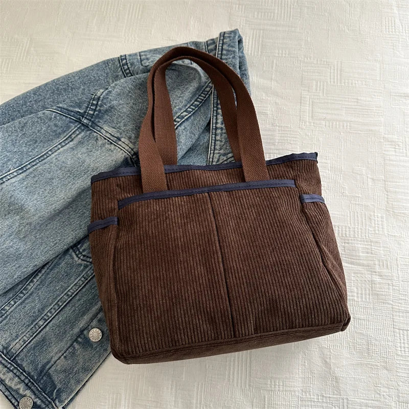 Large Capacity Tote Bags for Women Vintage Corduroy Shoulder Ladies Underarm Bag Casual Shopping Female Handbag with Side Pocket