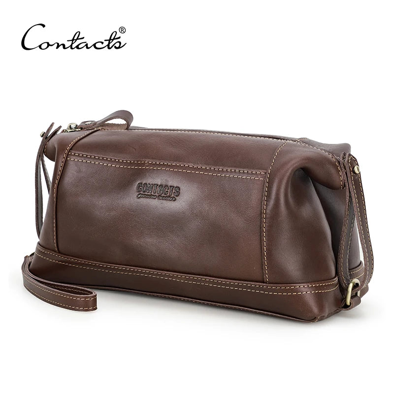 CONTACT'S Genuine Leather Clutch Bags for Men Vintage Men's Bag Handbag Wrist Strap Clutch Wallets Male Wash Bags Phone Pocket