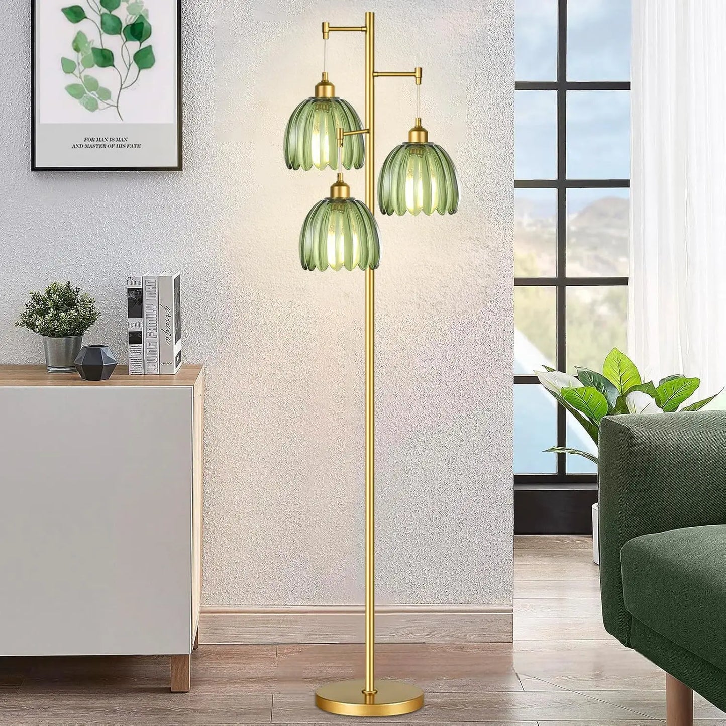 Gold Mid Century Modern Floor Lamp with Brass Tree, 3-Light Green Glass Shade for Living Room, Bedroom, Vintage Retro Style