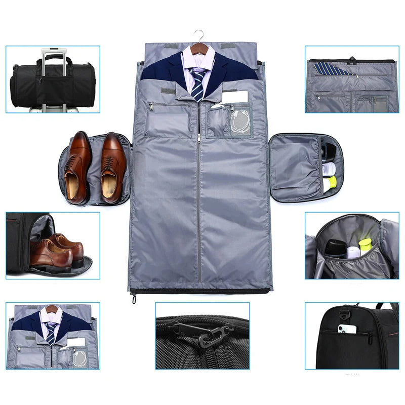 Men's Suit Storage Bag Foldable Business Travel Handbag Garment Duffel Pack with Shoes Pocket Large Capacity Luggage Backpack