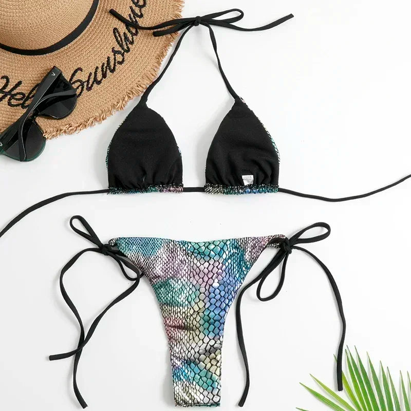 Fish Scales Shiny Halter Triangle Bikinis Sets Swimwear Women Micro Thong Swimsuits Swimming Suit Biquinis Bikinis de Mujer 2025