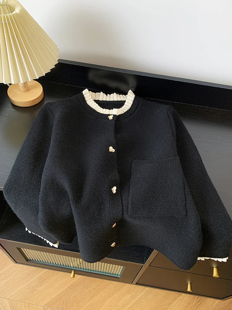 Women's Clothing 2025 Autumn New Love Button Knitted Cardigan Jacket Lazy Style Sweet Fashion Sweater Tops