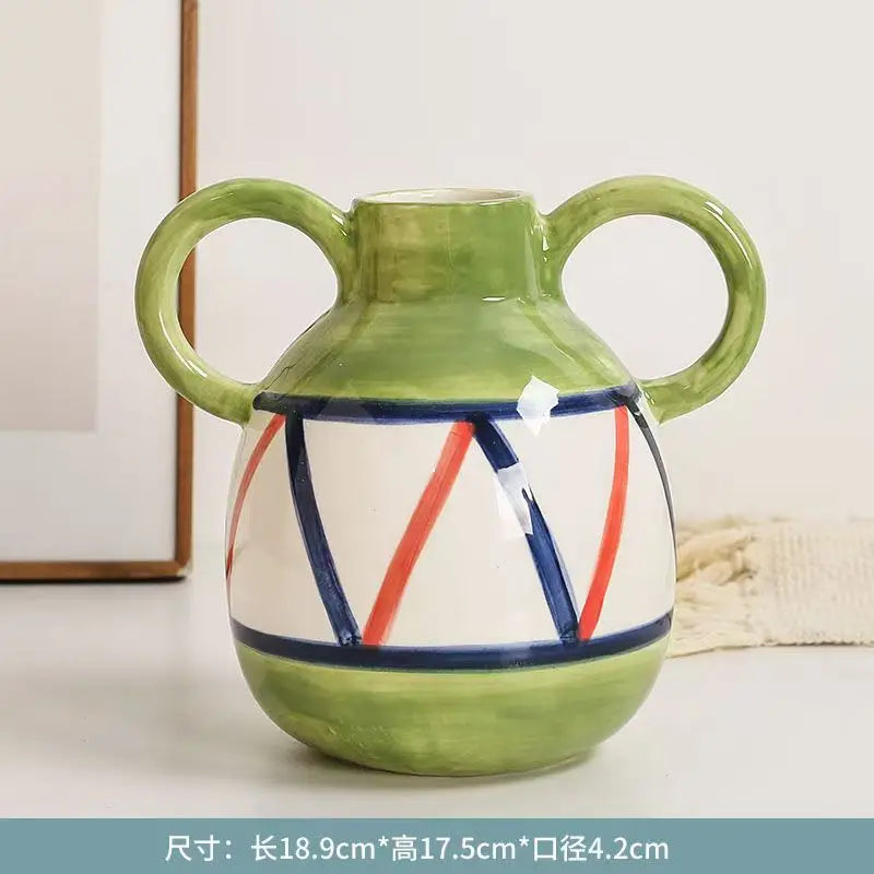 Dual Handles Ceramic Vase Modern Bohemian Home Decor Hand-Painted Vases for Flowers Living Room Decoration Weddings Parties