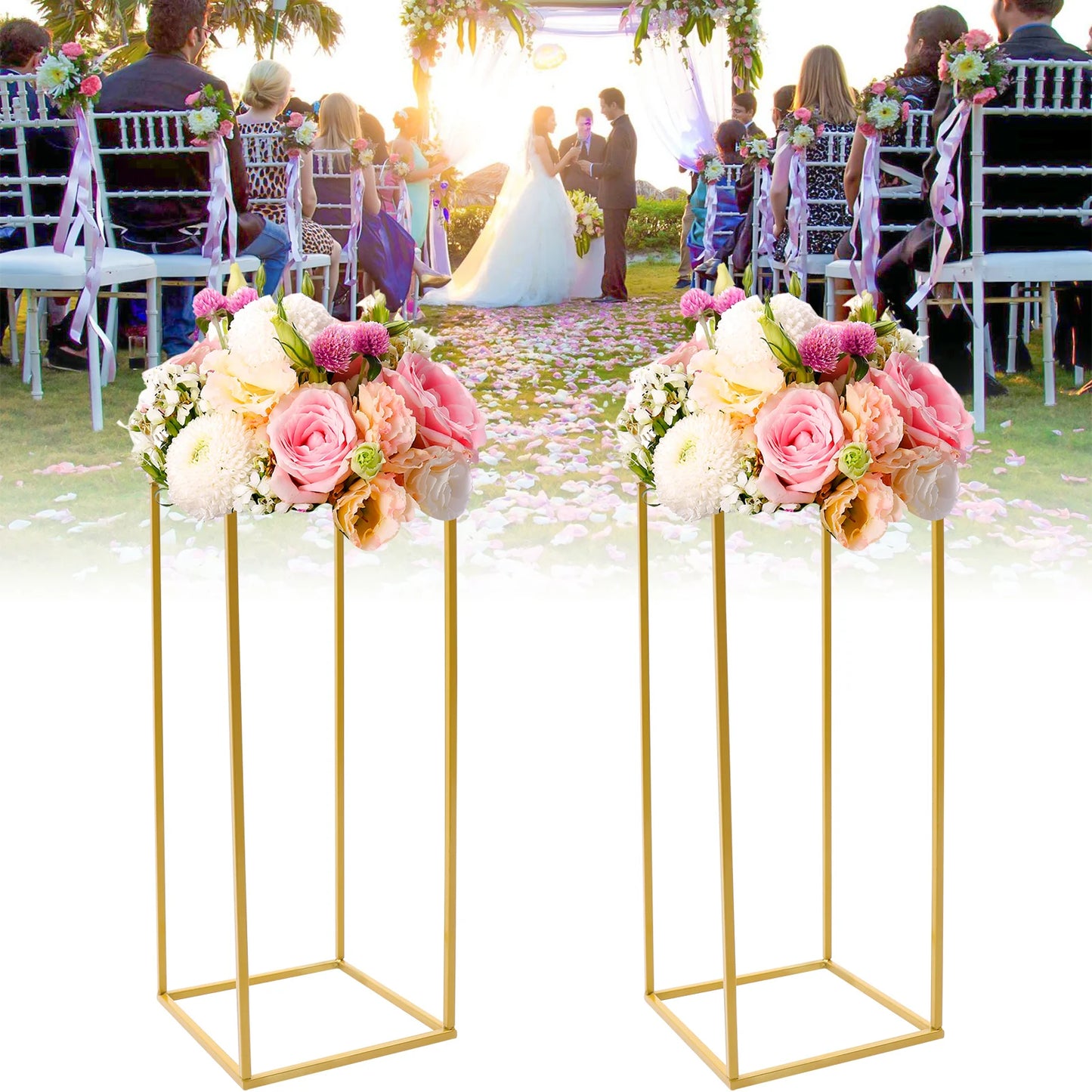 2pcs Metal Flower Floor Vase, 60cm Tall Column Centerpiece Stand Geometric Plant Holder for Floral Wedding Table Party Decor