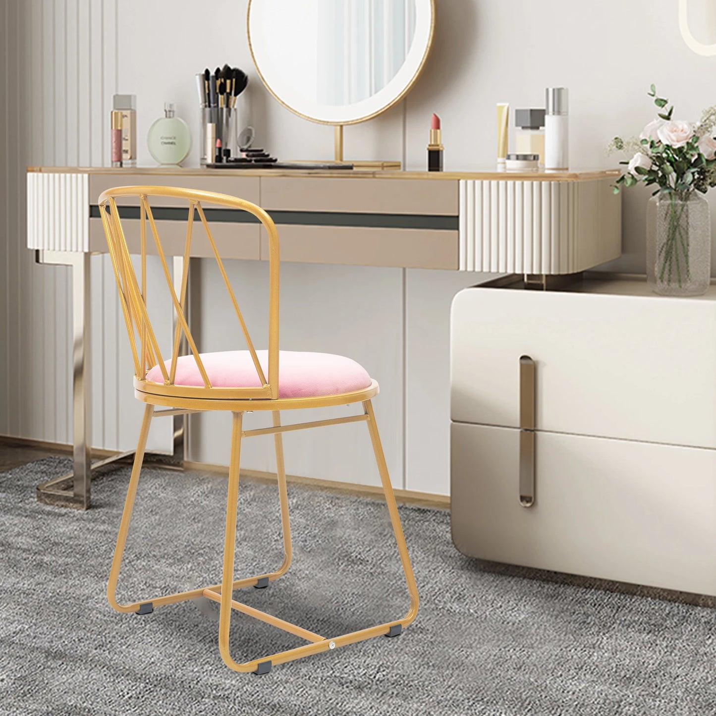 Modern Glam Vanity Stool Elegant Makeup Chair Soft Round Seat, Chic Metal Legs Light Luxury Style with Soft Cushion