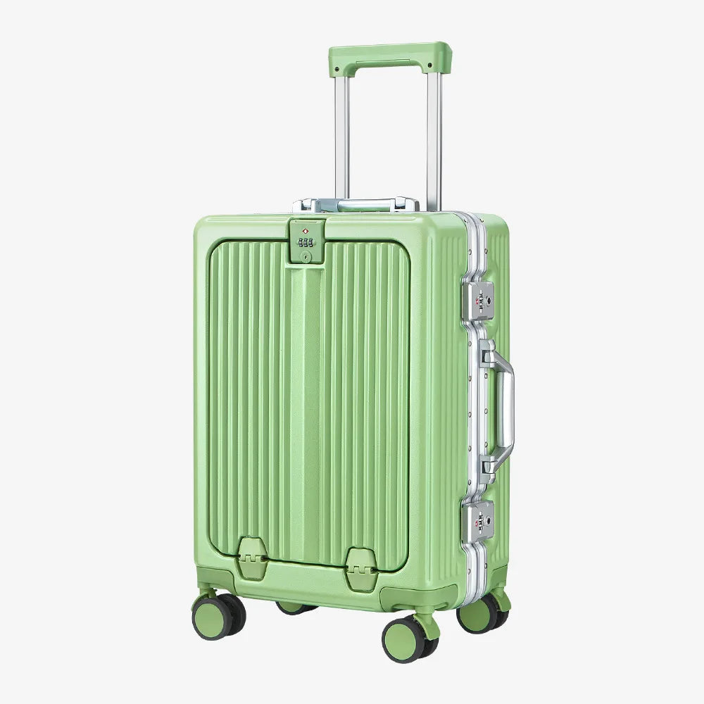 Front Opening Suitcase Aluminum Alloy Widen Trolley Rolling Luggage with Cup Holder TSA Lock Spinner Wheels Carry-on Case Bag