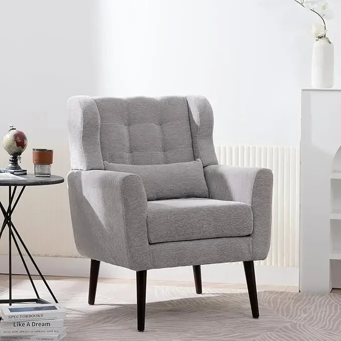 Comfy Upholstered Living Room Chairs with High Tufted Backrest and Pillow, Wingback Reading Chair with Solid Wood