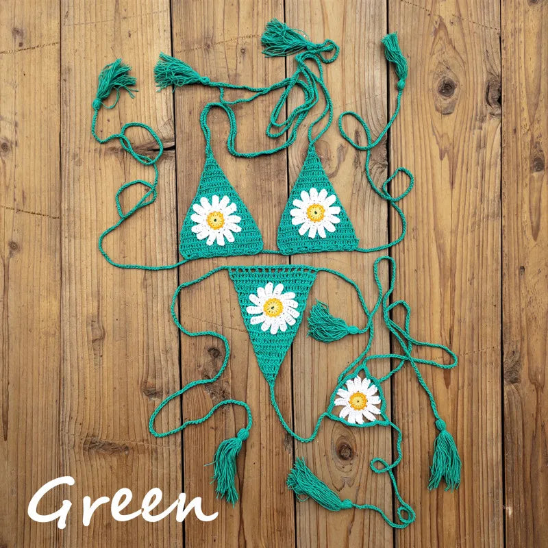 Hand crochet Cottom Thong String Daisy Applique Mini Bikini Swimwear Sunbathing Micro Swimwear