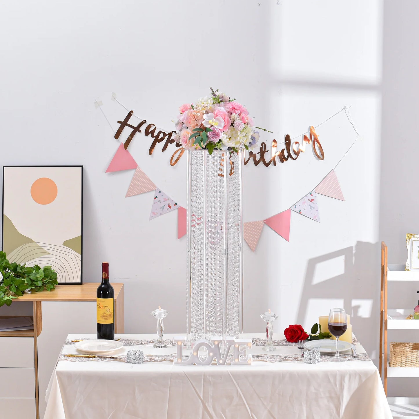 4Pcs Tall Acrylic Vase Wedding Centerpiece Geometric Flower Vase Stand with Chandelier Crystals 31.5in Column Arrangement Stand