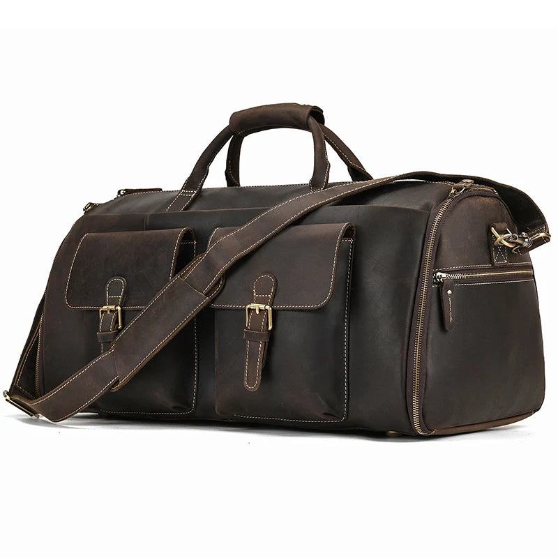 Top Quality Mens Leather Travel Bag Man Male Duffle Bag For Suits Foldable Weekend Bag Suit Bags Crazy Horse Leather Men Handbag