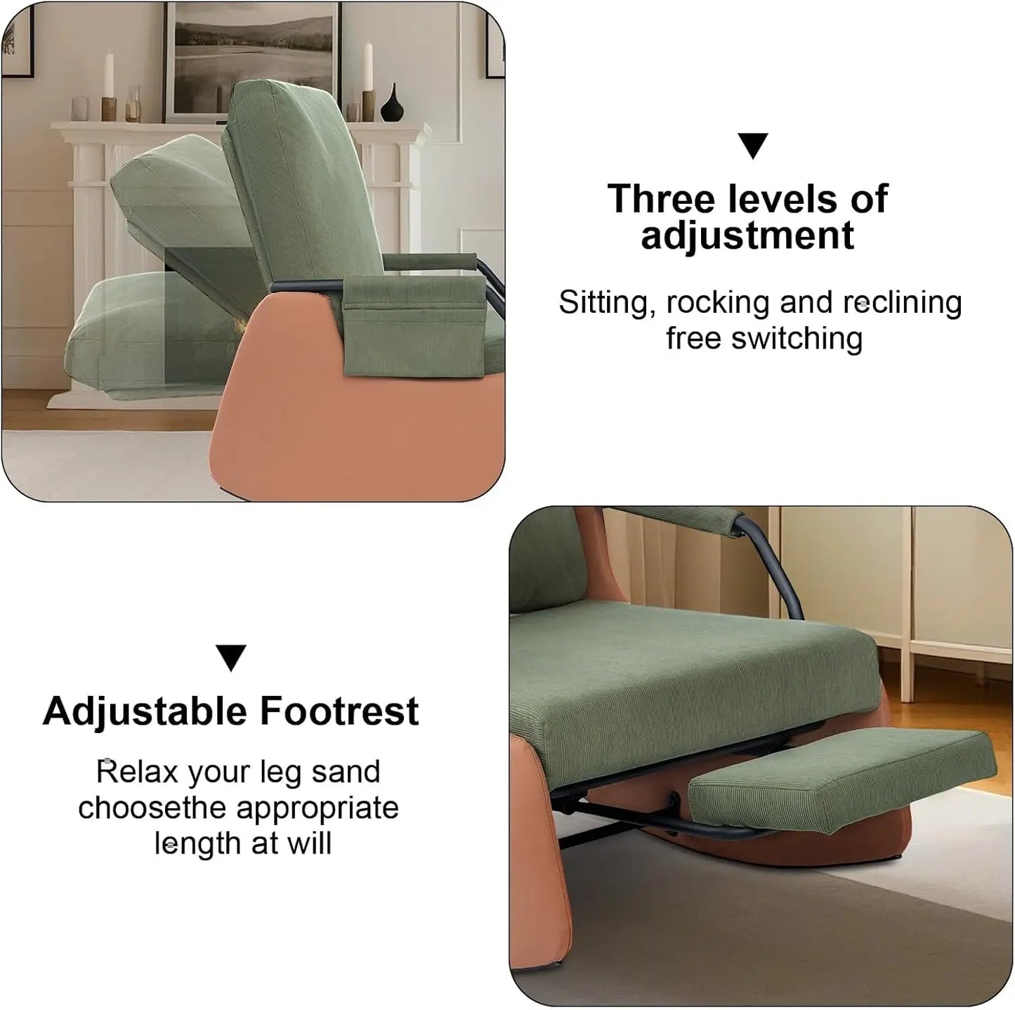 Upholstered Nursery Rocking Chair with High Backrest Side Pocket Gliding Iron Frame Rocking Chair with Footrest for Living Room