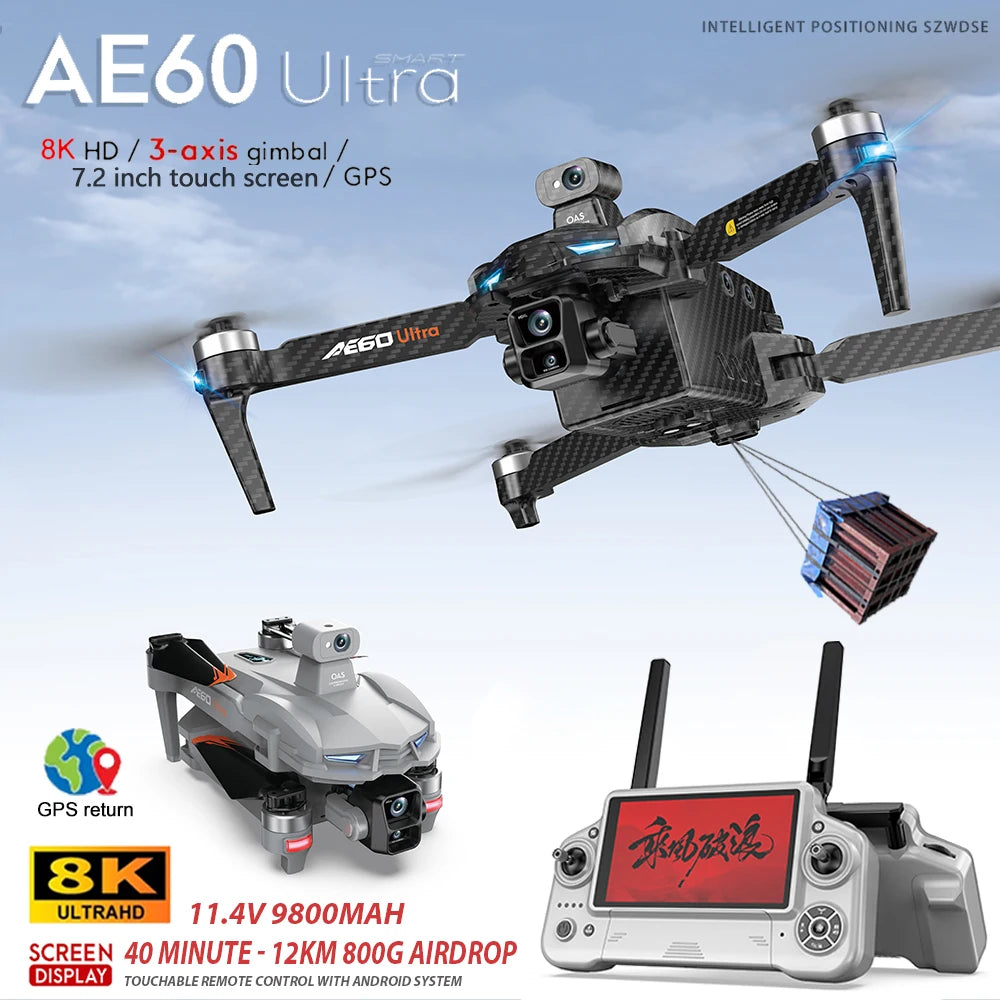 AE60 Profesional Drone with 8K HD Camera 3-axis Gimbal Aerial Photography 20KM Obstacle Avoidance Airdrop LED Screen FPV Drones