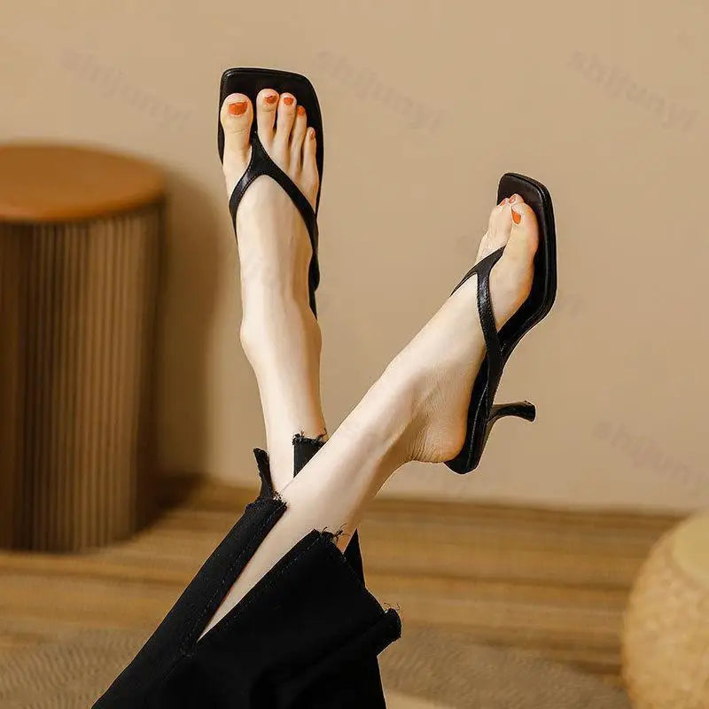 Women Slippers Female Clip Toed High-heeled Slippers Casual Footwear Slides Ladies Square Toe Fashion 2025 Summer Flip Flops