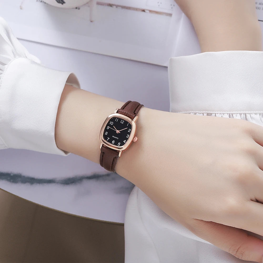 Women's Watch Fashion Square Small Arabic Quartz Watches Leather Band Wristwatches